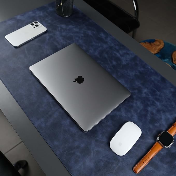 Jersey Genuine Calfskin Leather Desk Pad, Office Desk Mat with Non-Slip Bottom, Smooth Surface for Mouse & Keyboard, Desk Protector (14.6x31.5 inches) (Navy)
