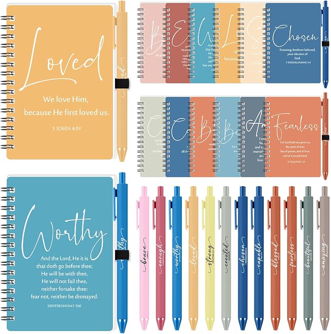 Kosiz 12 Sets Christian Gifts Bulk Christian Notebooks with Pens Inspirational Prayer Journals Bulk A6 Spiral Small Notepads for Women Men Church Members Bible Study Groups (Bright Color)