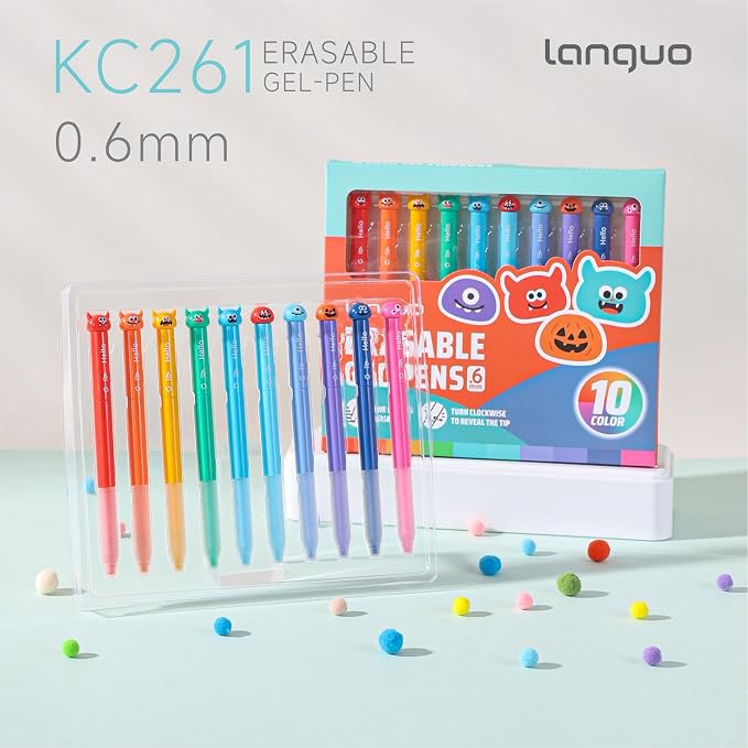 languo Erasable Gel Pens, 0.6mm Fine Tip, Twist Retractable, 10 Pack | Little Devil Design, Assorted Ink Colors, Smooth Ink Flow, Clean Corrections, Ideal for Drawing, Writing, Journaling, Planner