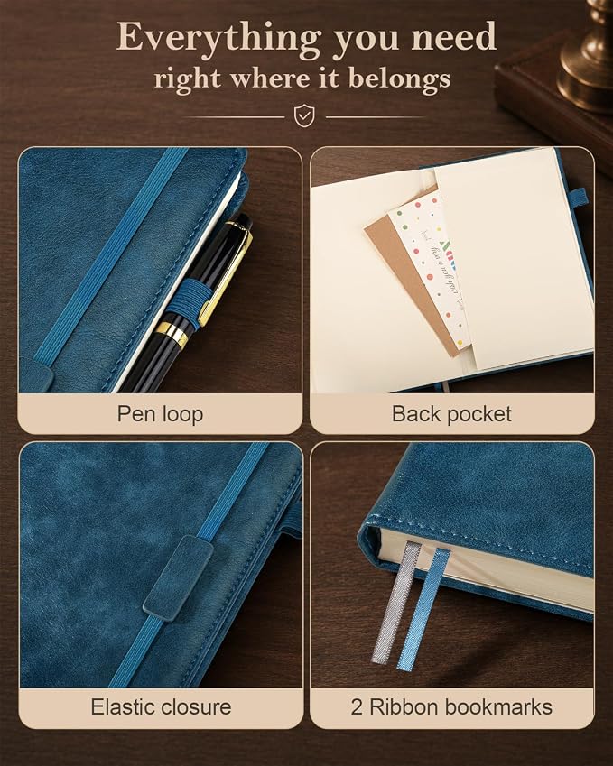 Lined Hardcover Leather Journal Notebook: A5 Journal for Women Men, Blue | 312 Numbered Pages & Content, 100GSM Thick Paper, College Ruled Journals Note Book for Business Work Writing Diary