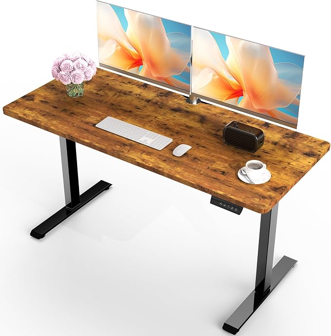 Veken 55 Inch Large Electric Standing Desk, Gaming Table, Brown | Height Adjustable Sit Stand Up Computer Tables for Home Office, Study , Writing, Suit students, employees and group work