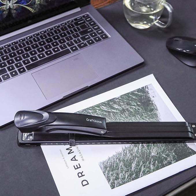 Long Reach Stapler,with 2000 Staples & Stapler Remover Full Strip，20-25 Sheet Capacity,with Built-in Ruler and Adjustable Locking Paper Guide, Gray