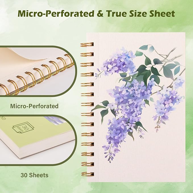 Qlmhudaim 5x7.5in Spiral Watercolor Paper Pad, 30 Sheets | 140lb/300g acid-free paper, perforated tear pages for framing & mixed media, watercolor journal adults students travel