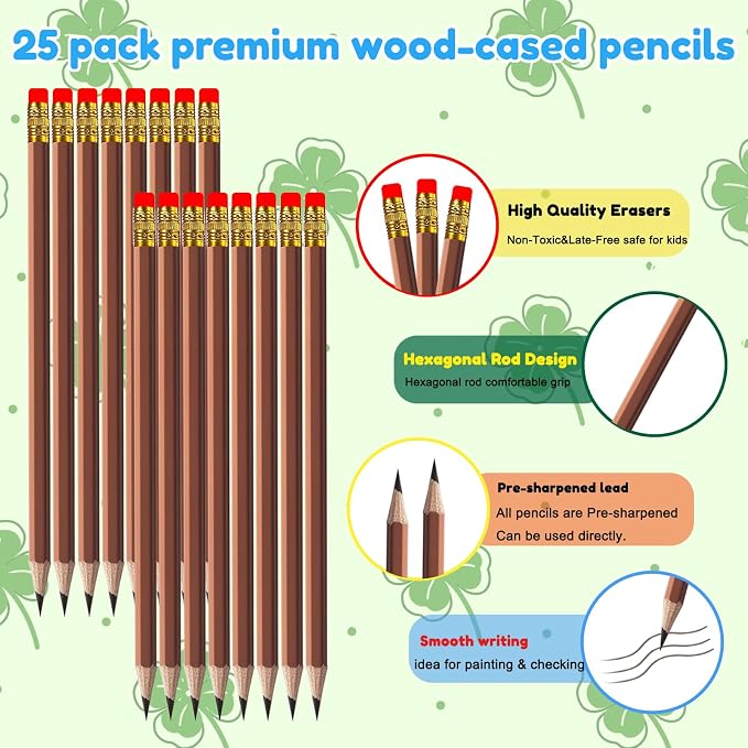Adhere 25pcs Woodcase Pencils with Eraser Premium Pre-Sharpened Hexagon Graphite 2B pencils ideal for home, office writing including a Free Sharpener (Brown・25pcs)