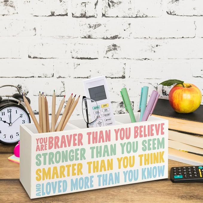 Boho Motivational Wooden Pen Pencil Holder for Desk, You Are Braver Than You Believe Inspirational Quotes Makeup Brush Toothbrush Holder Organizer for Kids Room Nursery Playroom