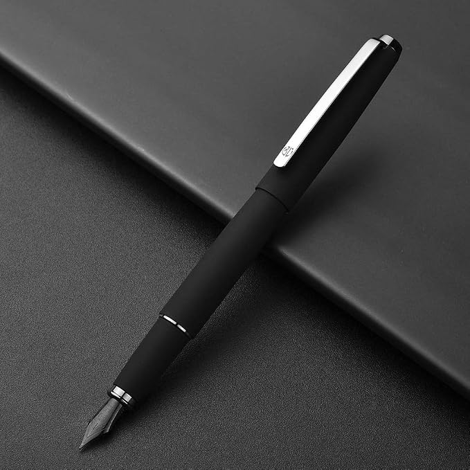Hongdian 517D Matte Black Fountain Pen Medium Nib, Warrior Series Classic Design with Converter and Metal Box