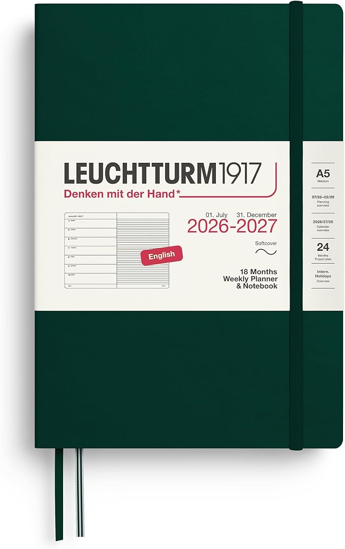 LEUCHTTURM1917 - Weekly Planner and Notebook Softcover Medium A5, 18-month, July 2026 - December 2027, English, Forest Green