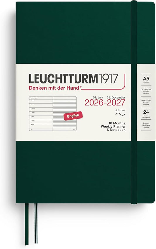 LEUCHTTURM1917 - Weekly Planner and Notebook Softcover Medium A5, 18-month, July 2026 - December 2027, English, Forest Green