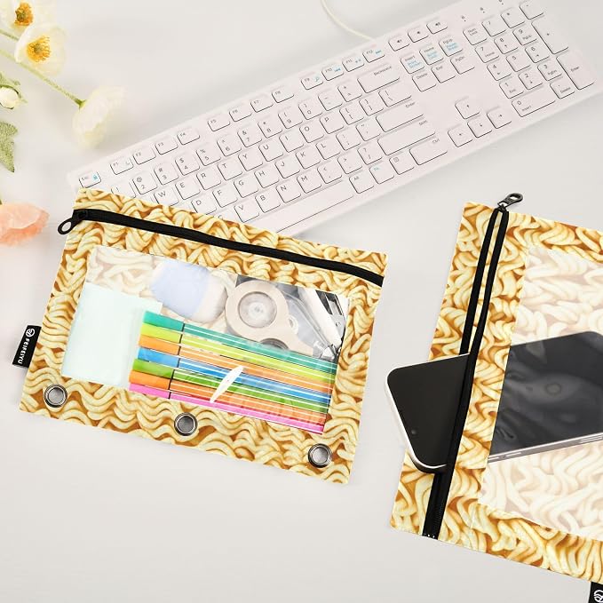 Ramen Noodles Pencil Pouches for 3 Ring Binder, Zipper Binder Pencil Case, 2 Pack Clear Window Case Bag for Office Organizers