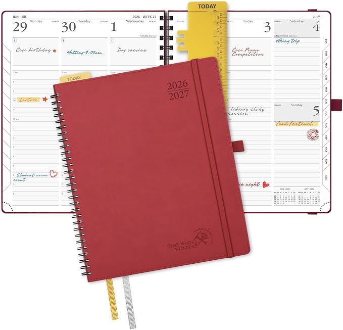 POPRUN Planner 2026-2027 (Large - 8.5'' x 10.5'') Academic Weekly Planner | Calendar(July 2026-June 2027) Appointment Book with Hourly Time Slots, Monthly Tabs, 100GSM, Spiral Leather Cover - Burgundy