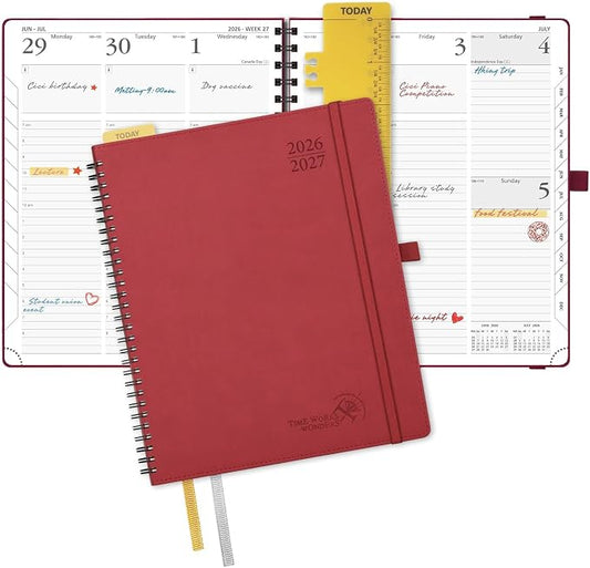 POPRUN Planner 2026-2027 (Large - 8.5'' x 10.5'') Academic Weekly Planner | Calendar(July 2026-June 2027) Appointment Book with Hourly Time Slots, Monthly Tabs, 100GSM, Spiral Leather Cover - Burgundy