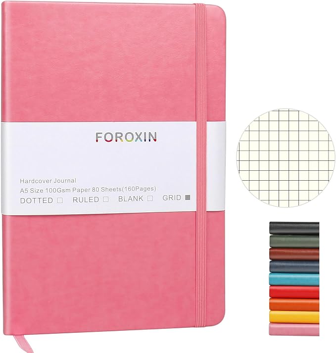 Grid Journal Bullet Notebook - Pink Leather Cover, 8.3 x 5.7Inch, 160 Pages, 100gsm Paper, Hardcover with Inner Pocket, Elastic Closure and Ribbon Bookmark, Great for Women and Men