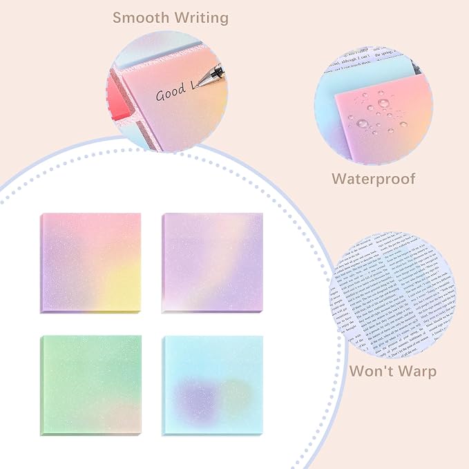 BAYTORY Glitter Transparent Sticky Notes, 200 Sheets 3 x 3 Clear Memo Pads | Multicolor Gradient Waterproof Self-Stick Note, See Through Aesthetic Self-Adhesive Note for Bible Accessories