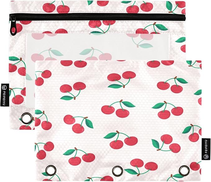 Cherry Pencil Pouch Fits standard 3-ring binders, Zipper Binder Pencil Bag with Clear Window for Office 2 Pack