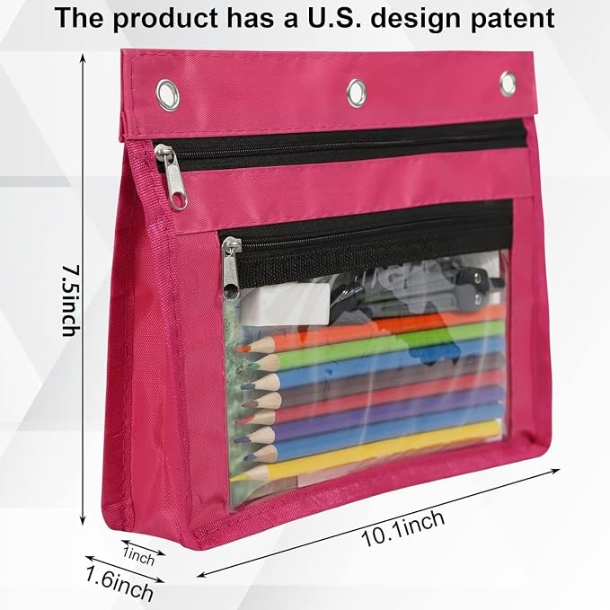YoeeJob 2 Pack 1 Inch Expandable Zipper Pencil Pouches with Clear Window for 3 Ring Binder, Suitable for School & Office（Rose red）