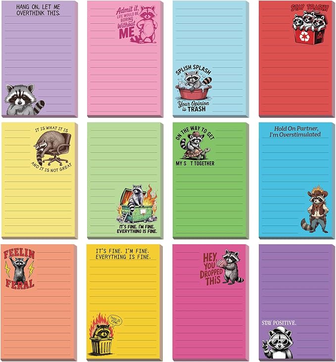12 Pack Funny Notepads, 5x3 Inches Sarcastic Note Pads Memo Fun Office Gifts for Coworkers Work Women Men Employee Teacher Boss Desk Accessories Gifts(Raccoon,Multicolor)