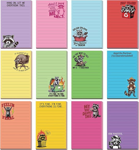 12 Pack Funny Notepads, 5x3 Inches Sarcastic Note Pads Memo Fun Office Gifts for Coworkers Work Women Men Employee Teacher Boss Desk Accessories Gifts(Raccoon,Multicolor)