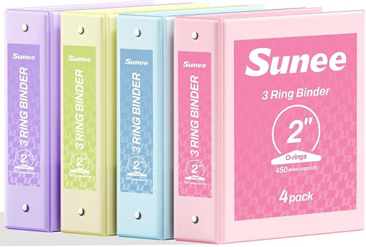 SUNEE 3 Ring Binders 2 Inch 4 Pack, Clear View Binder Three Ring PVC-Free (Fit 8.5x11 Inches) for School or Office Supplies, Assorted Pastel
