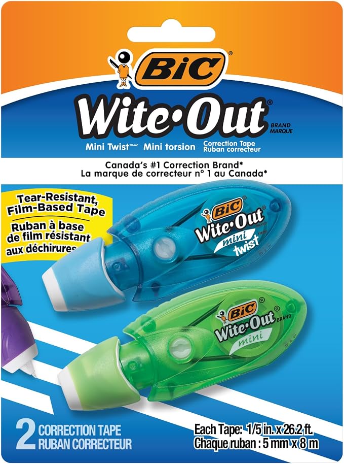 BIC Wite-Out Mini Twist Correction Tape, No Dry Time, Tear Resistant Tape, White, 2-Count