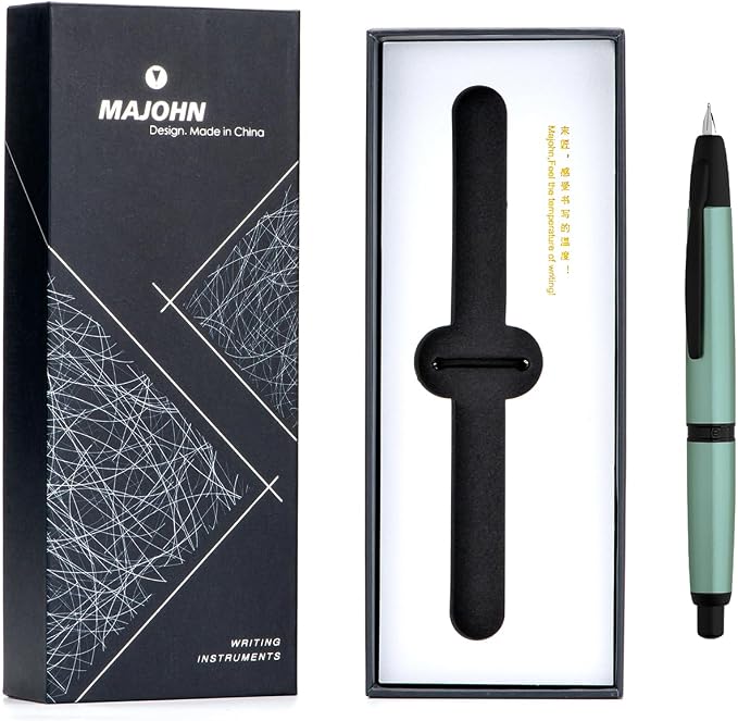 erofa Majohn A1 Press Fountain Pen Fine Nib with Box, Retractable Green Metal Ink Pen with Converter Writing Set (Black Clip Version)