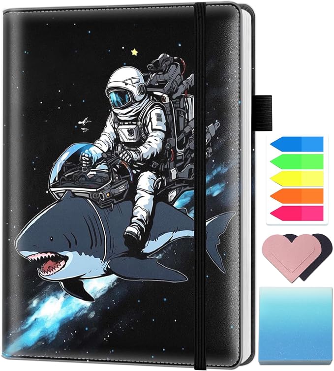 A5 Leather Lined Journal Notebook, 200 Pages Hardcover Executive Notebook for Men Women Office School Note Taking, Thick Writing Paper Daily Journal with Bookmarks/Indexes, Astronaut Rides a Shark