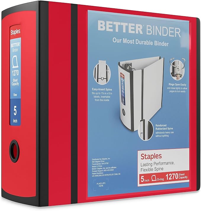 Staples Better Binder, 5" Extra‑Capacity Heavy‑Duty D‑Ring Binder, Red, Reinforced Spine, Holds 1,050 Sheets, High‑Capacity Office & Records Organizer, 2‑Pack