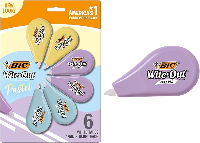 BIC Wite-Out Brand Mini Correction Tape, 19.6 Feet, 6-Count Pack of White Correction Tape, Pastel Body, Fast, Clean and Easy to Use Tear-Resistant Tape