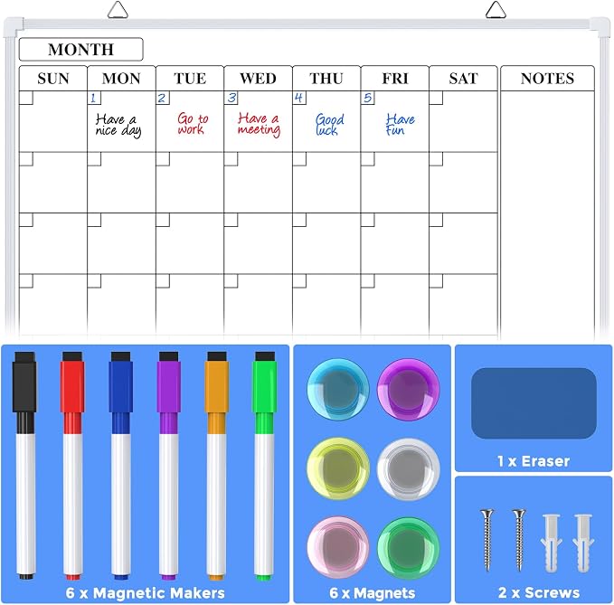 MaxGear Monthly Calendar Dry Erase Board for Wall, 24"x18", Aluminum Frame | Double-sided, magnetic surface, Includes 6 Markers & 6 Magnets, portable for Planning, Memo, to Do List, Home Office Kitchen
