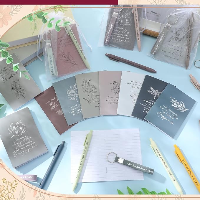 Mooliwe 24 Set Positive Affirmation Gift Set Gratitude Notebooks with Pens Keychains Small Bags Motivational Party Favors for Adult Women Coworkers Employee Group (Flower)