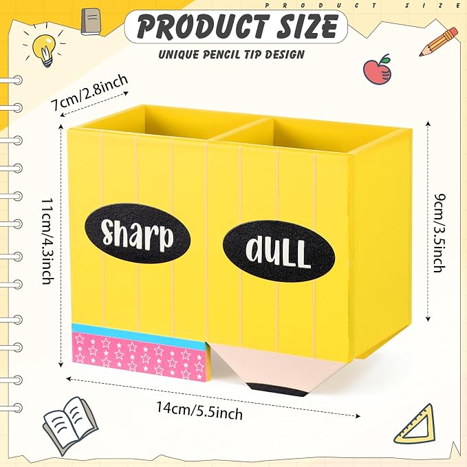 DoubleFill 1 Pcs Normal Pencil Shaped Holder Sharp Dull Holder Wooden Dispenser Pencil Storage with Classic Composition Notebook Design for Back to School Teachers Classroom Organization Accessories