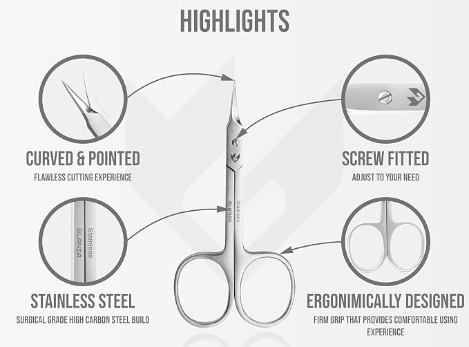 Precision Cuticle Scissors Extra Fine Curved & Pointed Super Sharp small Blades, German Quality Stainless Steel with Leather Case, Nail Care Manicure, Pedicure, Eyebrow, Eyelash & Mustache Scissors