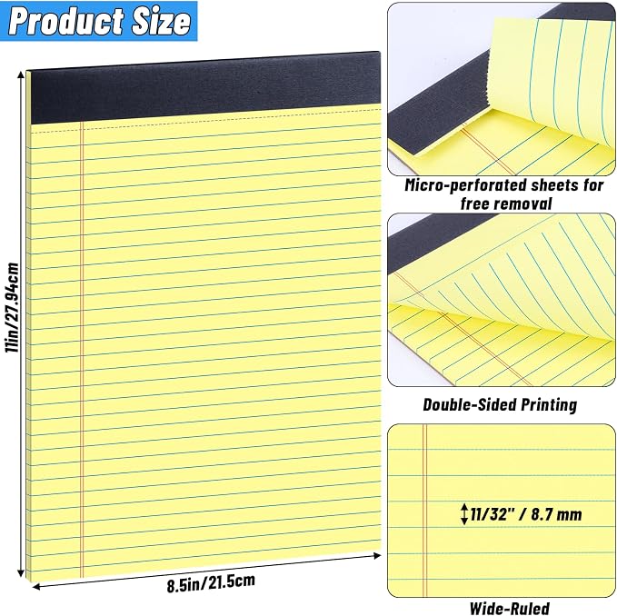 Oleitodh 48 Pack Yellow Legal Pads 8.5 x 11 Wide Ruled Perforated Note Pads | 30 Sheets Per Pad, Thick Paper, Easy Tear Pages, Smooth Writing, Office, School, Home, Meetings, Note Taking