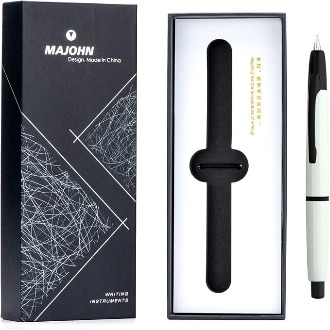 erofa Majohn A2 Press Fountain Pen Extra Fine Nib with Box, Retractable White Resin Ink Pen with Converter Writing Set (Black Clip Version