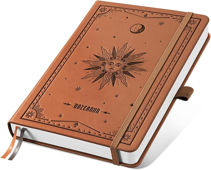EMSHOI Dotted Journal Notebook, 192 Pages, A5 Size (5.7'' x 8.3'') | Leather Hardcover, 100 GSM Thick Paper, for Journaling, Planning, Tracking & Sketching, Sun Debossed (Brown)
