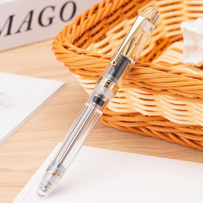 Asvine V126 Vacuum Filling Fountain Pen Medium Nib, Transparent Clear Acrylic, Large-Capacity with Gift Case