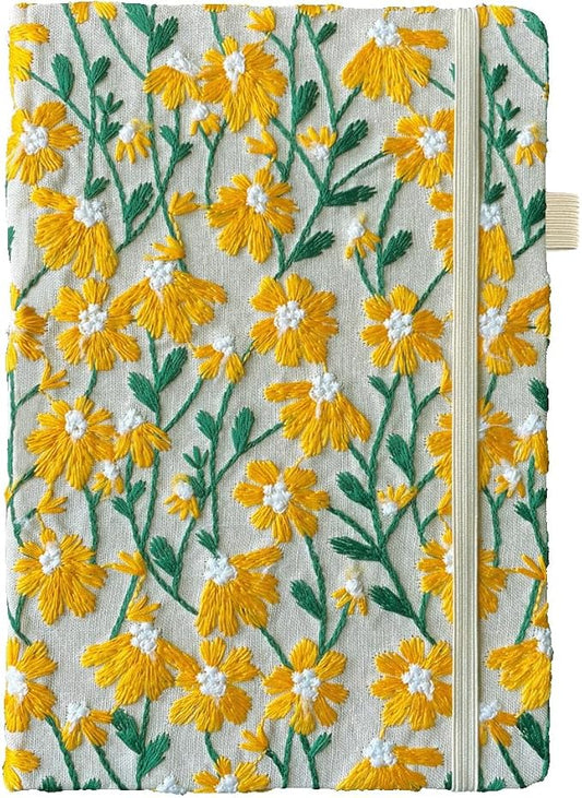 Daisy Gift, Flower Journal, Embroidered Notebook, Beautiful Journals for Women, 8"x6", Hardcover, Lay Flat, A5, Lined Paper, Wide Ruled Page, Writing Journal, Yellow Daisy, with Elastic Band