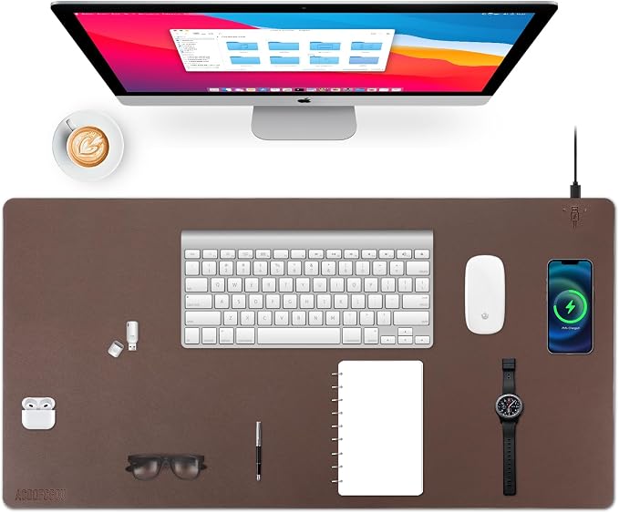 Wireless Charging Desk Mat, Mouse Pad, Brown-R, 32 * 16inch