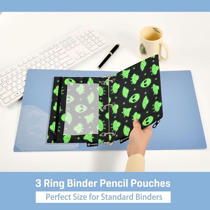 Alien UFO Pencil Pouches for 3 Ring Binder, Zipper Binder Pencil Case, 2 Pack Clear Window Case Bag for Office Organizers