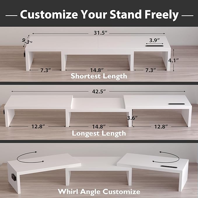 BONTEC Dual Monitor Stand Riser with Smartphone Holder, Adjustable Length & Swivel Angle, Ergonomic Wooden Desktop Organizer for PC Monitor, Laptop, Printer, Large Storage, 42.5 in, White