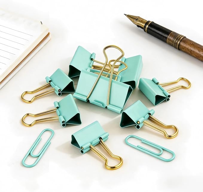 Cute Girly Office Supplies Set - Green & Colored Paper Clips + Binder Clips Assorted Sizes, Metal Paperclips & Cute Binder Clips for Home School Office