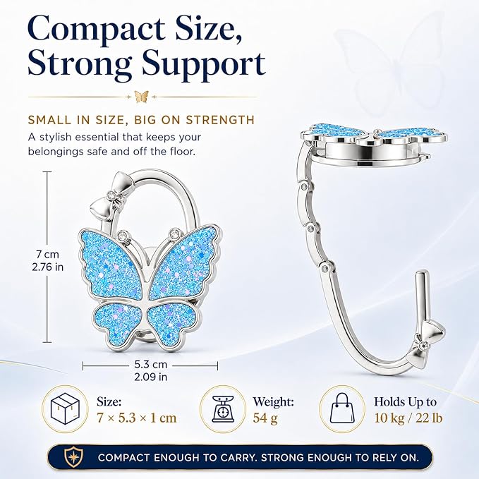 Purse Hook for Table, Foldable Handbag Hanger for Women, Portable Bag Holder with Non-Slip Base, Cute Star Light Blue Butterfly Purse Table Hook for Restaurant Office Travel Gift