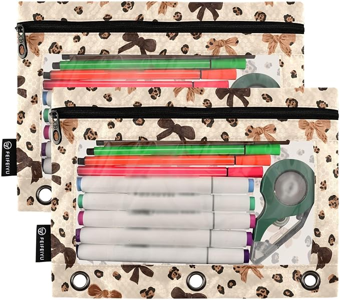 ALAZA Leopard Print Cheetah Bow Pattern Pencil Pouch for 3 Ring Binder 2 Pack Zipper Binder Pencil Bag Case with Clear Window Office Supplies