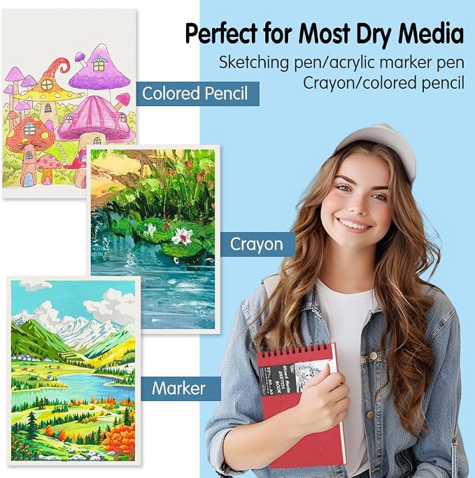 5.8x8.3in Sketch Book, 60Sheets Spiral Bound Notebooks, Natural White 92lbs/150gsm Acid-Free Drawing Paper for Painting,Sketching, Professional Sketch Pad for Artists, Beginners. NW-Red
