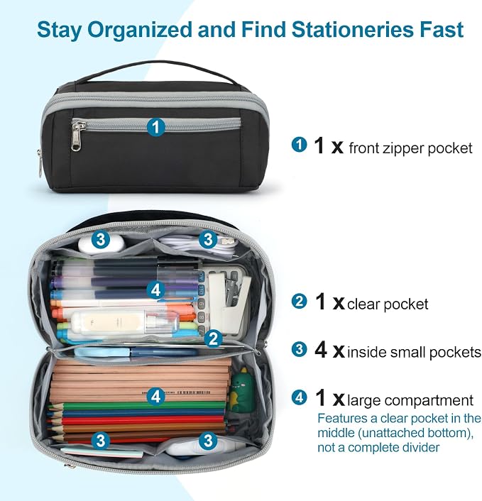 Large Capacity Pencil Case - Pencil Pouch for Teen Boys, Aesthetic Pouch Organizer with 8 Compartments, Wide Opening Marker Bag for Middle High School College, Fits Calculator, Black | Wide Open 8 Compartments, Flexible Dividers & Side Pockets, Handle,...
