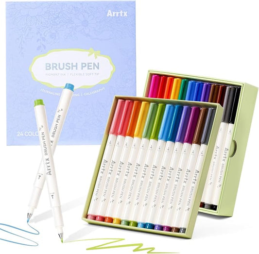 Arrtx Brush Tip Marker Pens, 24 Colors Brush Pens with Flexible Tip, Water Based Assorted Colors for Adult Hand Lettering Journaling Calligraphy Drawing Writing