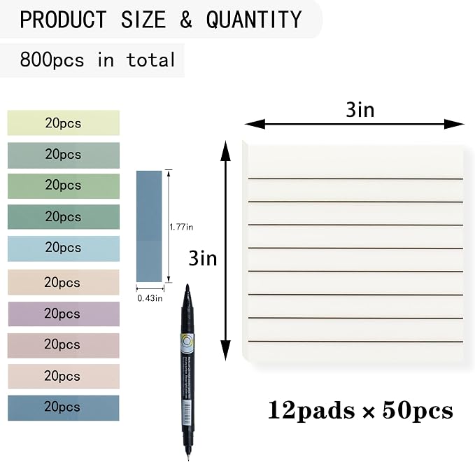 YOUDEFUL 800Pcs Transparent Sticky Notes, White Clear Sticky Notes with Lined, 3"x3" Waterproof Translucent Sticky Note Pads, Index Tabs, Clear Post it Notes for Bible Study, See Through Sticky Notes