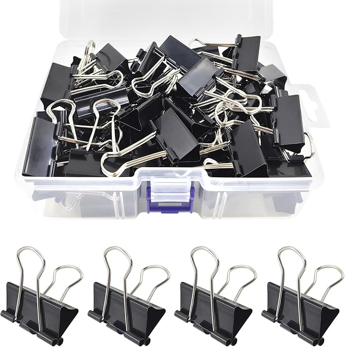 60 Pack Binder Clips Medium, 1.25 Inch/32mm Black Binder Paper Clips with Container,Big Paper Clamps for Office Supplies, Home, School,Business Document Organizing Paperwork (Black)