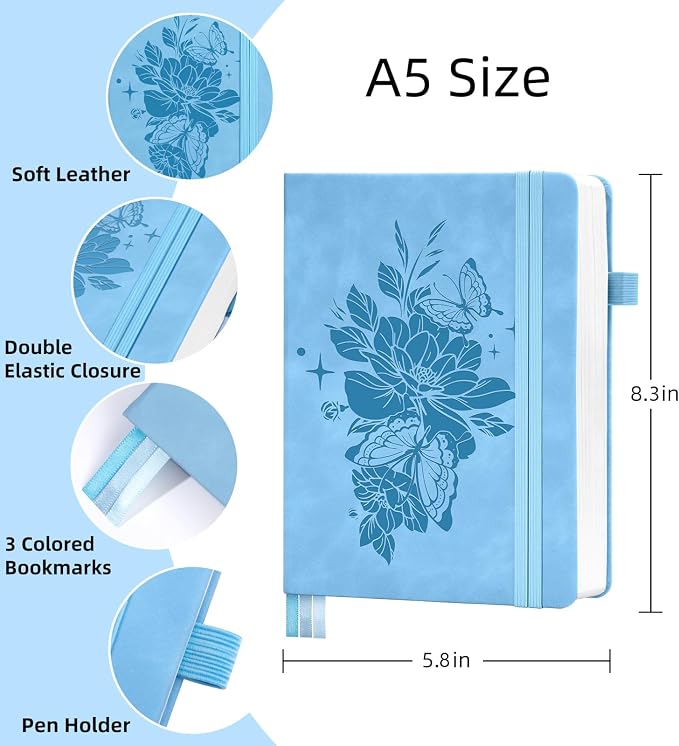 Lined Journal Notebook 365 Pages, A5 Leather Journals for Writing Women & Men, Hardcover Notebook with 100GSM Thick Paper, Daily Journal Notebook for Travel, Work, School, Note Taking, College Ruled