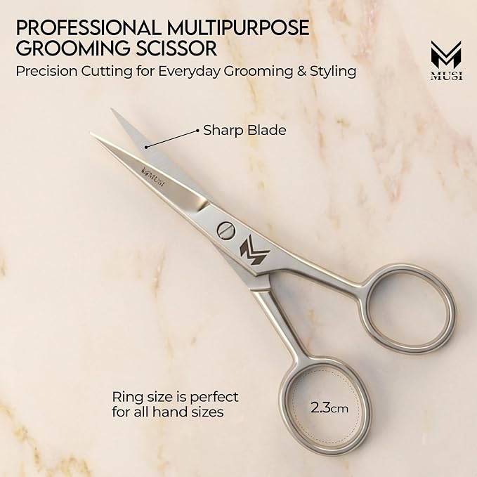MUSI 4 Inch Eyebrow Scissors - Muti-purpose Small Scissors for Mustache, Beard, Nose Hair, Nail, Ear & Eyelash Trimming - Professional Stainless Steel Mini Grooming Scissors for Men Women with Comb