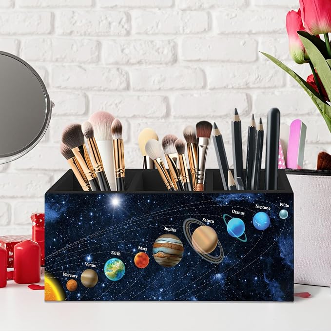 Outer Space Decor Wooden Pen Pencil Holder for Desk, Black Space Themed Bedroom Decor Gift for Kids Men, The Solar System Wood Makeup Brush Toothbrush Holder Organizer for Library Bedroom